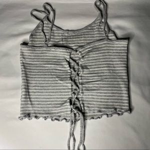 Urban Planet: Grey And White Stripped Back Lace Tie Top